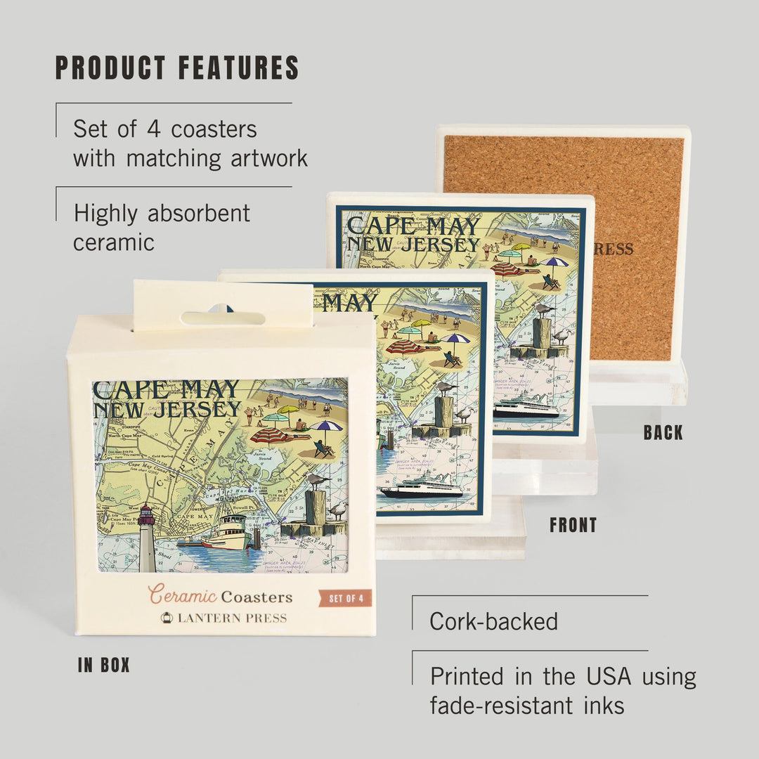 Cape May, New Jersey, Nautical Chart, Lantern Press Artwork, Coaster Set - Lantern Press