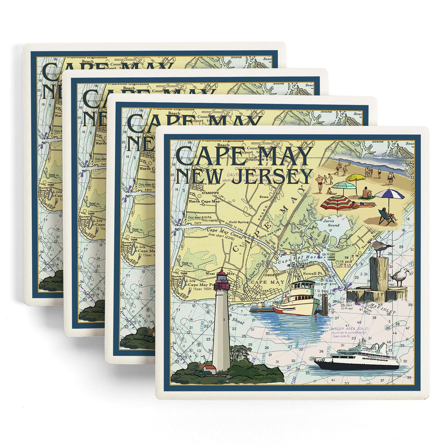 Cape May, New Jersey, Nautical Chart, Lantern Press Artwork, Coaster Set - Lantern Press