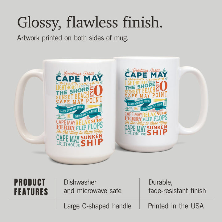 Cape May, New Jersey, Sunset Beach, New Typography, Lantern Press Artwork, Ceramic Mug - Lantern Press
