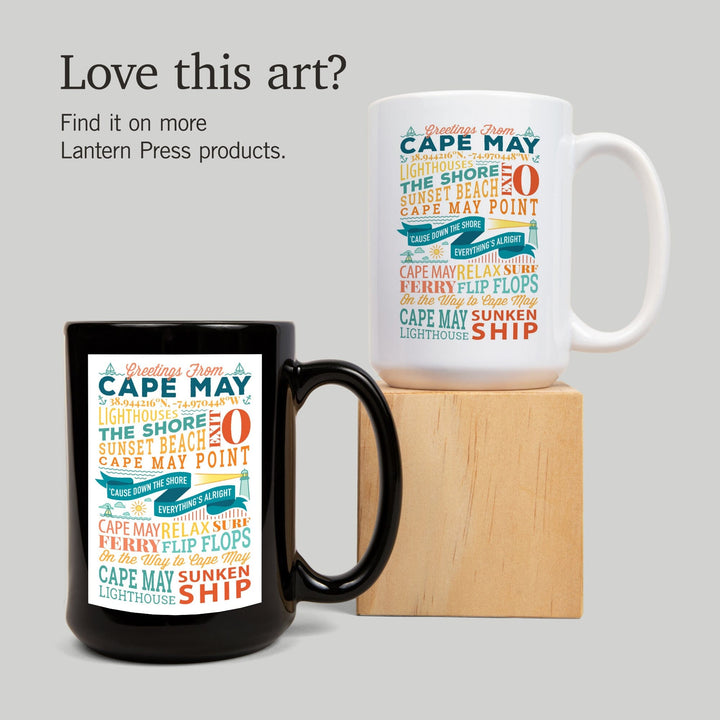 Cape May, New Jersey, Sunset Beach, New Typography, Lantern Press Artwork, Ceramic Mug - Lantern Press