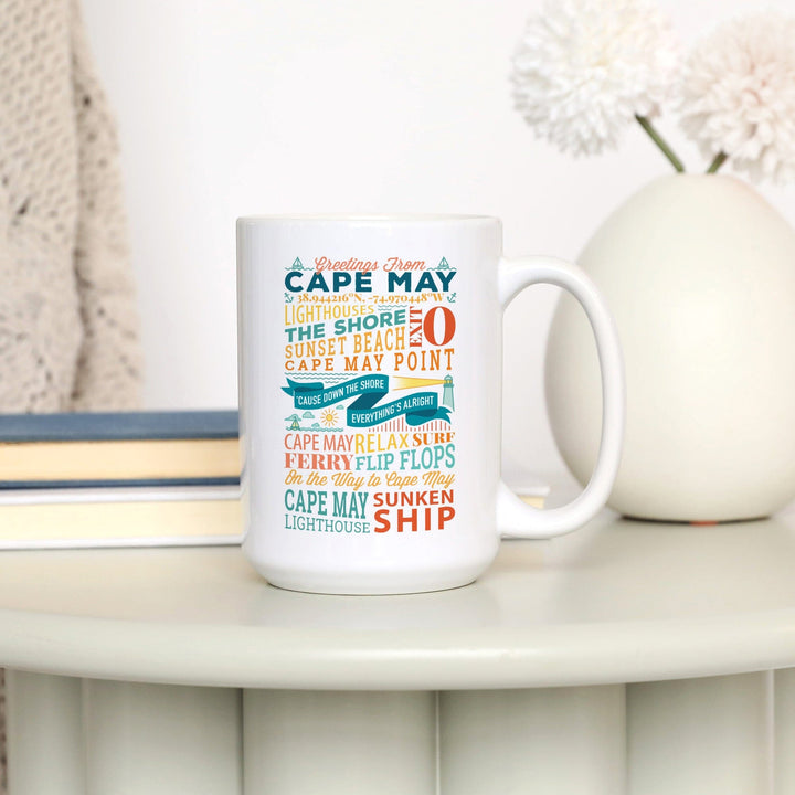 Cape May, New Jersey, Sunset Beach, New Typography, Lantern Press Artwork, Ceramic Mug - Lantern Press