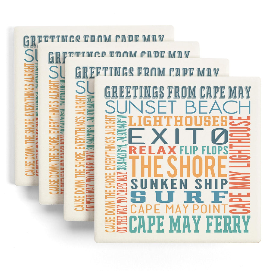 Cape May, New Jersey, Typography, Lantern Press Artwork, Coaster Set - Lantern Press