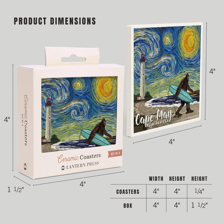 Cape May, New Jersey, Van Gogh Starry Night, Bigfoot, Lantern Press Artwork, Coaster Set - Lantern Press