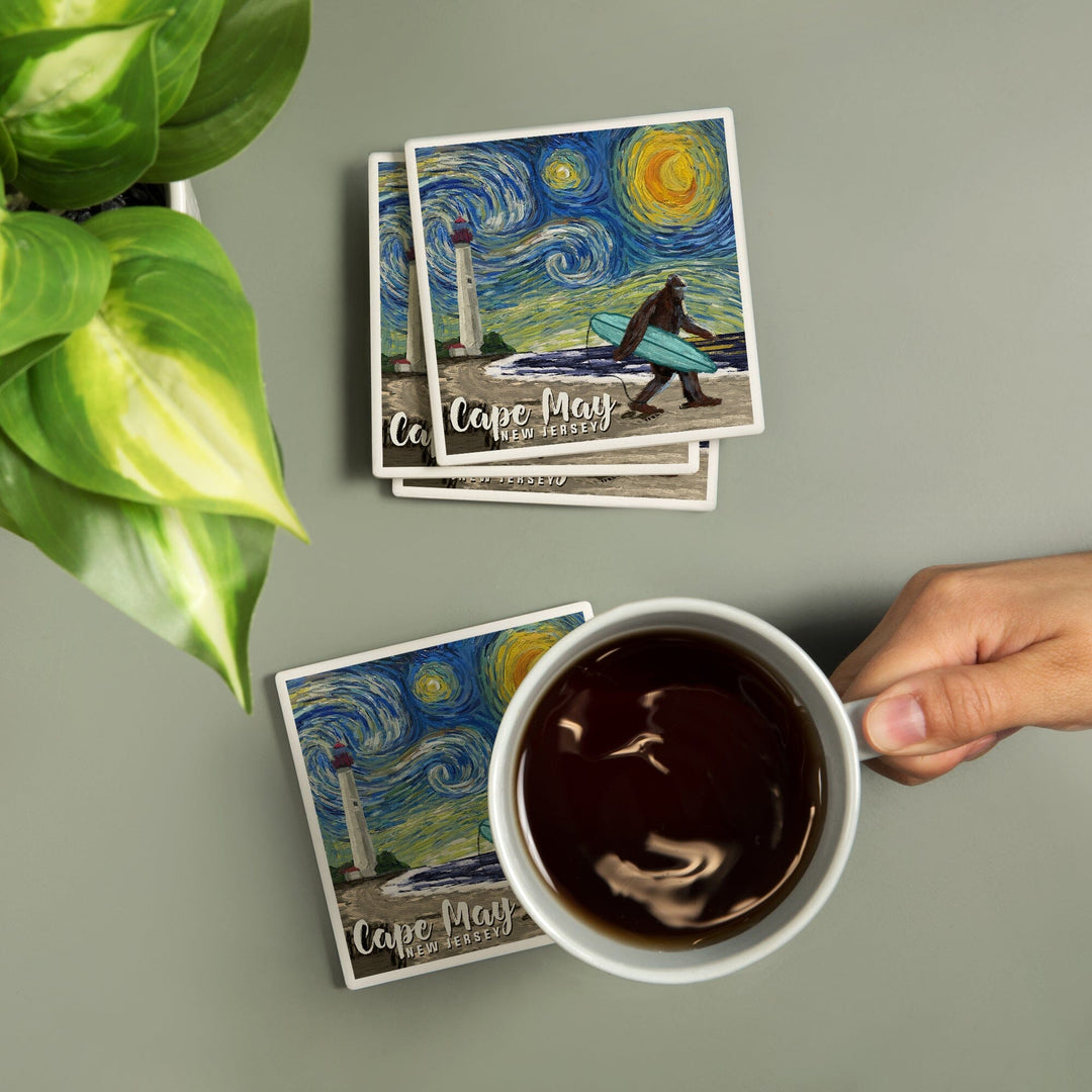 Cape May, New Jersey, Van Gogh Starry Night, Bigfoot, Lantern Press Artwork, Coaster Set - Lantern Press