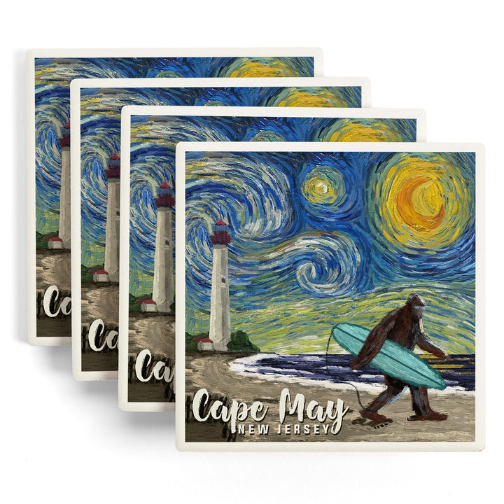 Cape May, New Jersey, Van Gogh Starry Night, Bigfoot, Lantern Press Artwork, Coaster Set - Lantern Press