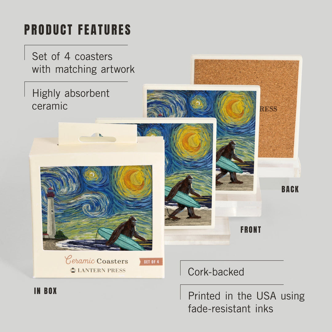 Cape May, New Jersey, Van Gogh Starry Night, Bigfoot, Lantern Press Artwork, Coaster Set - Lantern Press