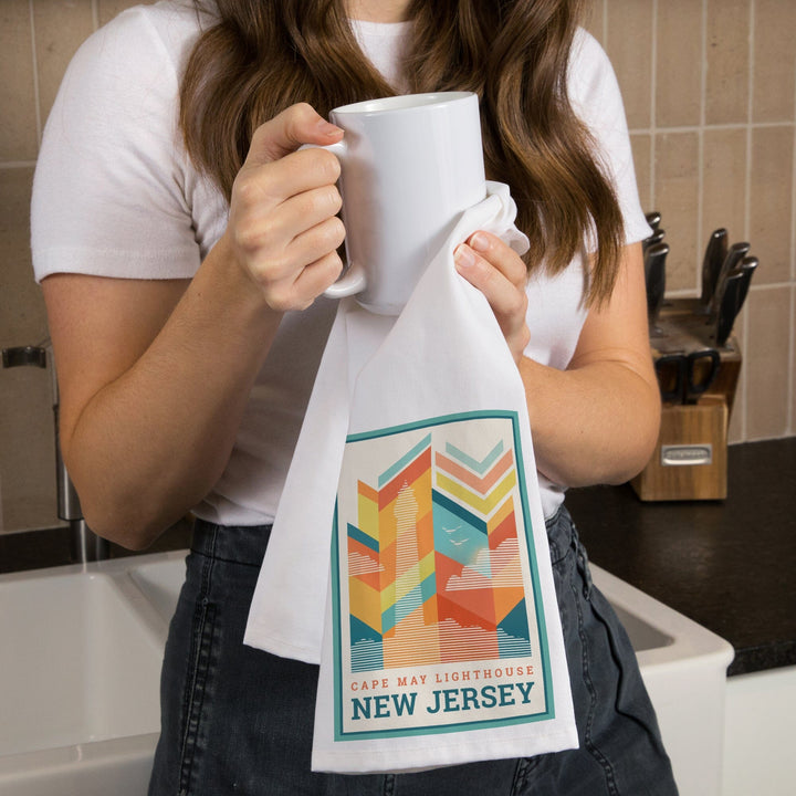 Cape May, New Jersey, Vector, Lighthouse, Organic Cotton Kitchen Tea Towels Kitchen Lantern Press 