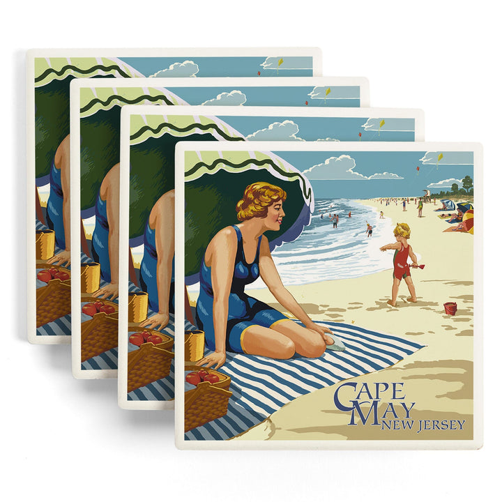 Cape May, New Jersey, Woman on Beach, Coasters Coasters Lantern Press 