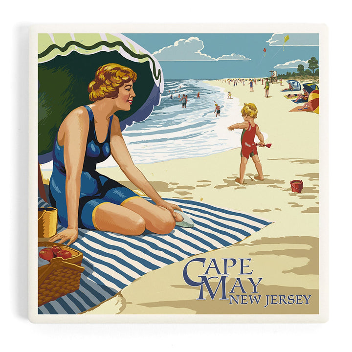 Cape May, New Jersey, Woman on Beach, Coasters Coasters Lantern Press Coaster 