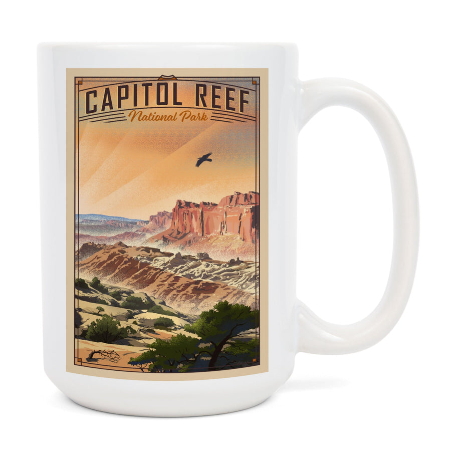 Capitol Reef National Park, Utah, Water Pocket Fold, Lithograph National Park Series, Lantern Press Artwork, Ceramic Mug Mugs Lantern Press 