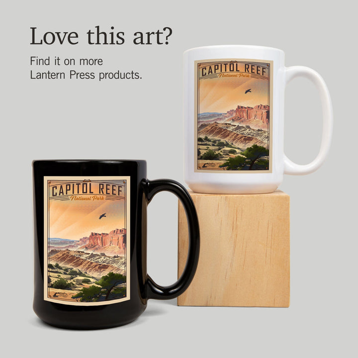 Capitol Reef National Park, Utah, Water Pocket Fold, Lithograph National Park Series, Lantern Press Artwork, Ceramic Mug Mugs Lantern Press 