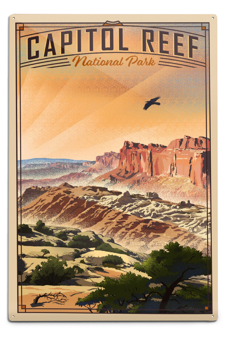 Capitol Reef National Park, Utah, Water Pocket Fold, Lithograph National Park Series, Metal Signs Metal Lantern Press 12x18 Metal Sign 