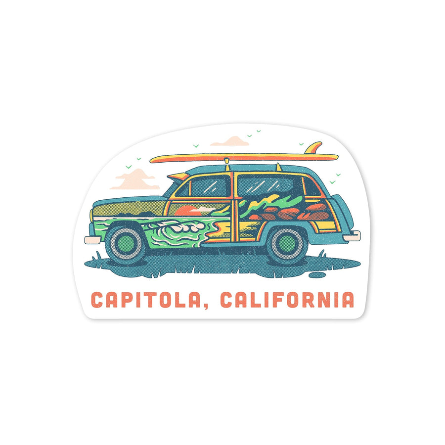Capitola, California, Woody with Surfboard, Contour, Vinyl Sticker Sticker Lantern Press 