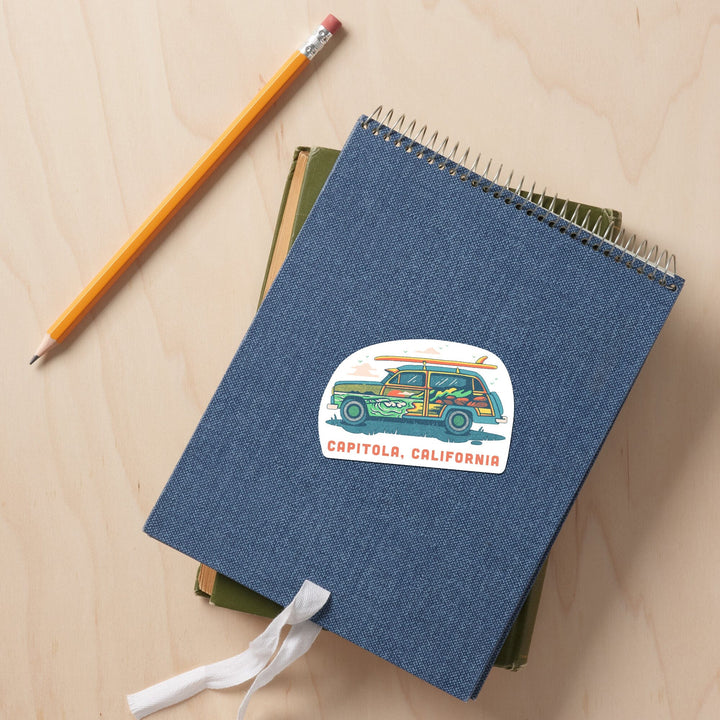 Capitola, California, Woody with Surfboard, Contour, Vinyl Sticker Sticker Lantern Press 