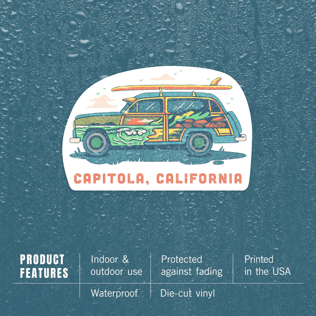 Capitola, California, Woody with Surfboard, Contour, Vinyl Sticker Sticker Lantern Press 