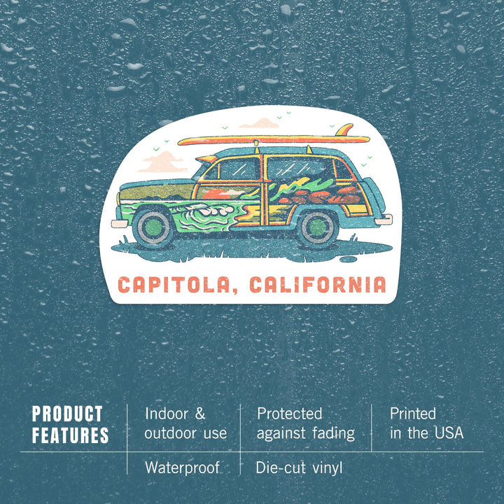 Capitola, California, Woody with Surfboard, Contour, Vinyl Sticker Sticker Lantern Press 