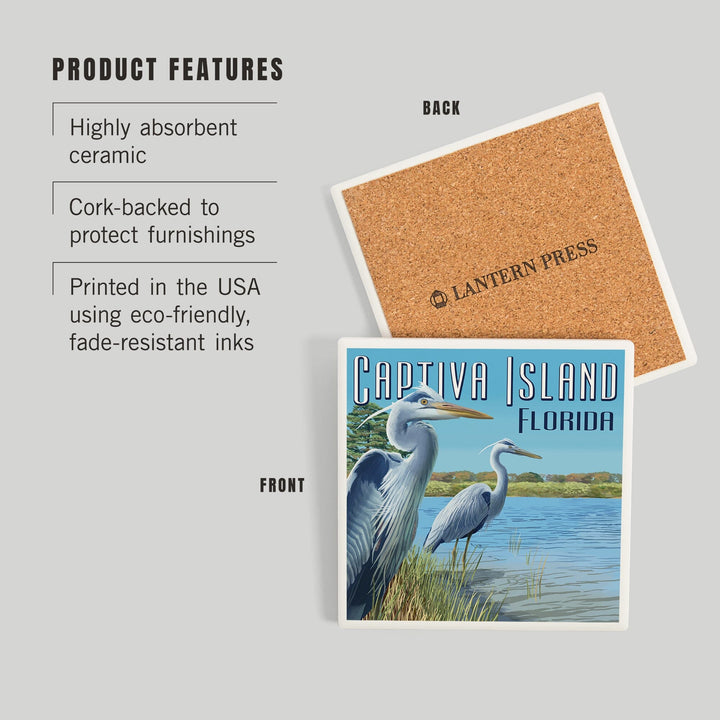 Captiva Island, Florida, Blue Herons in grass, Coasters Coasters Lantern Press 