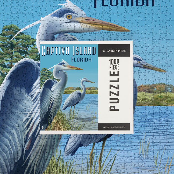 Captiva Island, Florida, Blue Herons in grass, Jigsaw Puzzle Puzzle Lantern Press 