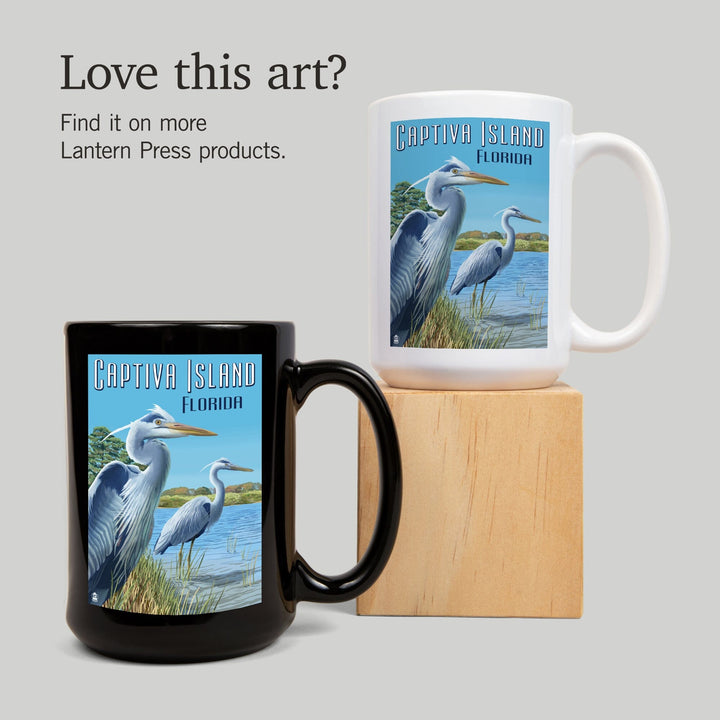Captiva Island, Florida, Blue Herons in grass, Lantern Press Poster, Ceramic Mug Mugs Lantern Press 