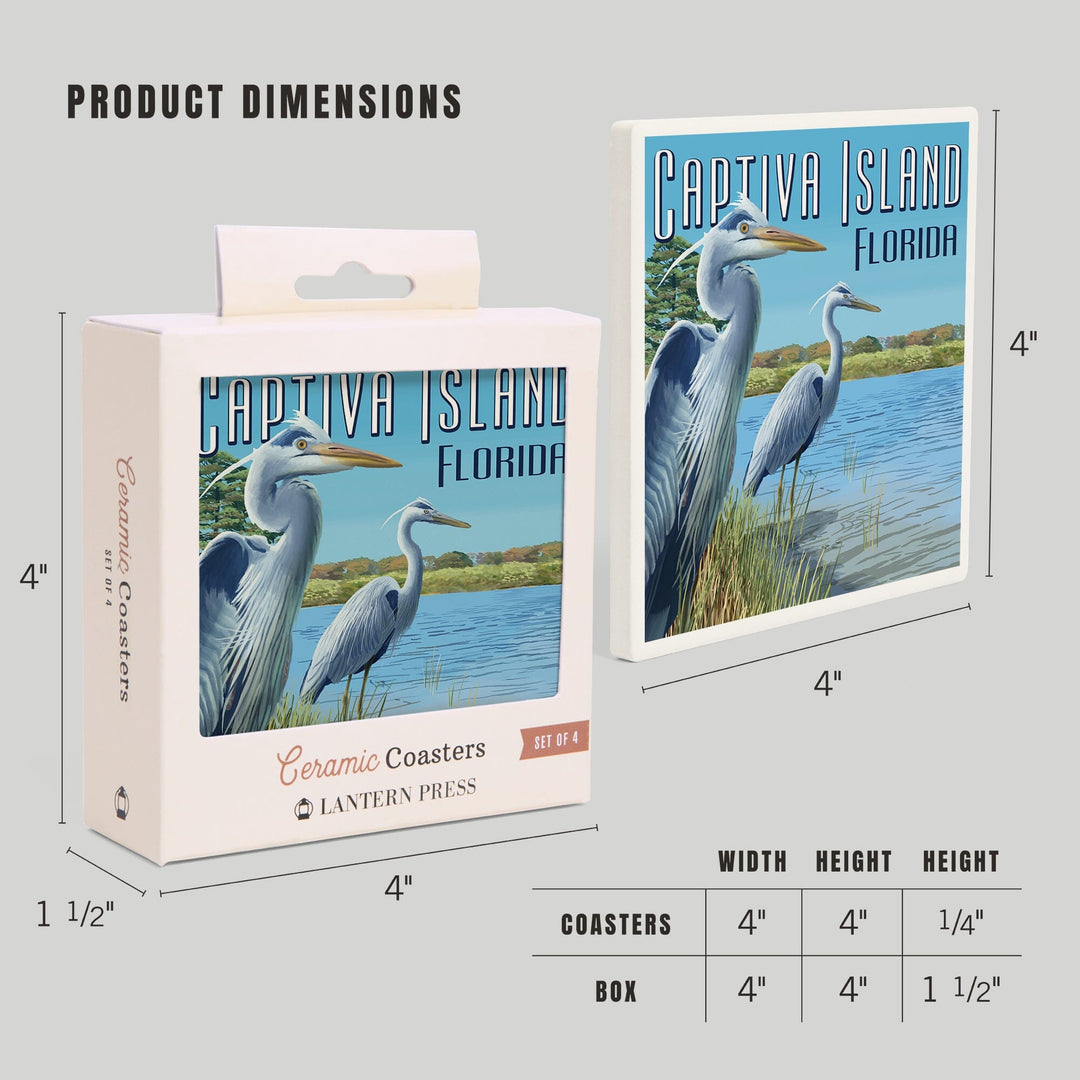 Captiva Island, Florida, Blue Herons in grass, Lantern Press Poster, Coaster Set - Lantern Press