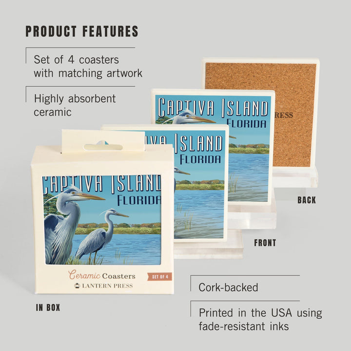 Captiva Island, Florida, Blue Herons in grass, Lantern Press Poster, Coaster Set - Lantern Press