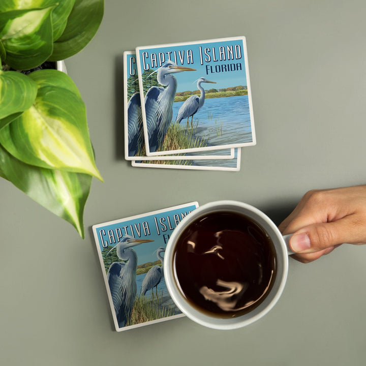 Captiva Island, Florida, Blue Herons in grass, Lantern Press Poster, Coaster Set - Lantern Press