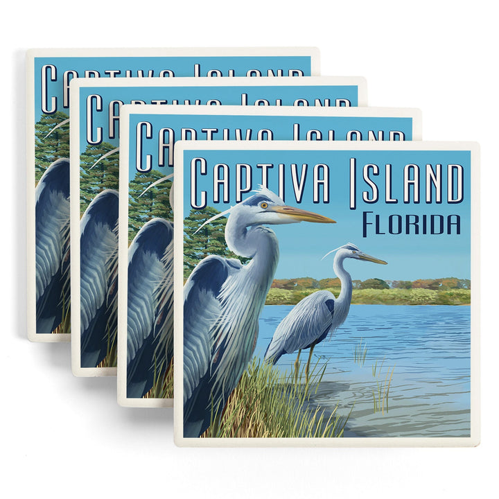 Captiva Island, Florida, Blue Herons in grass, Lantern Press Poster, Coaster Set - Lantern Press