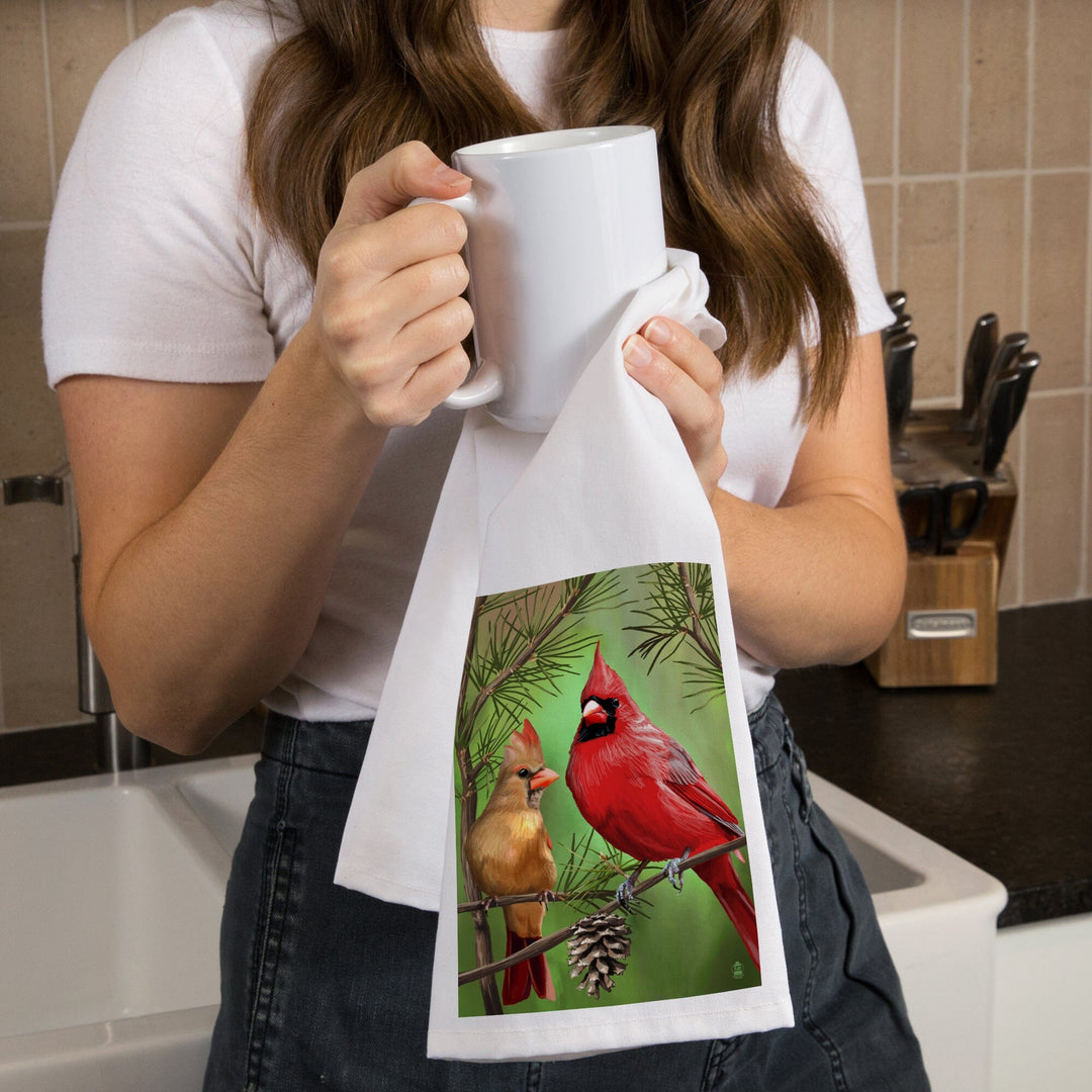 Cardinals in Summer, Organic Cotton Kitchen Tea Towels - Lantern Press