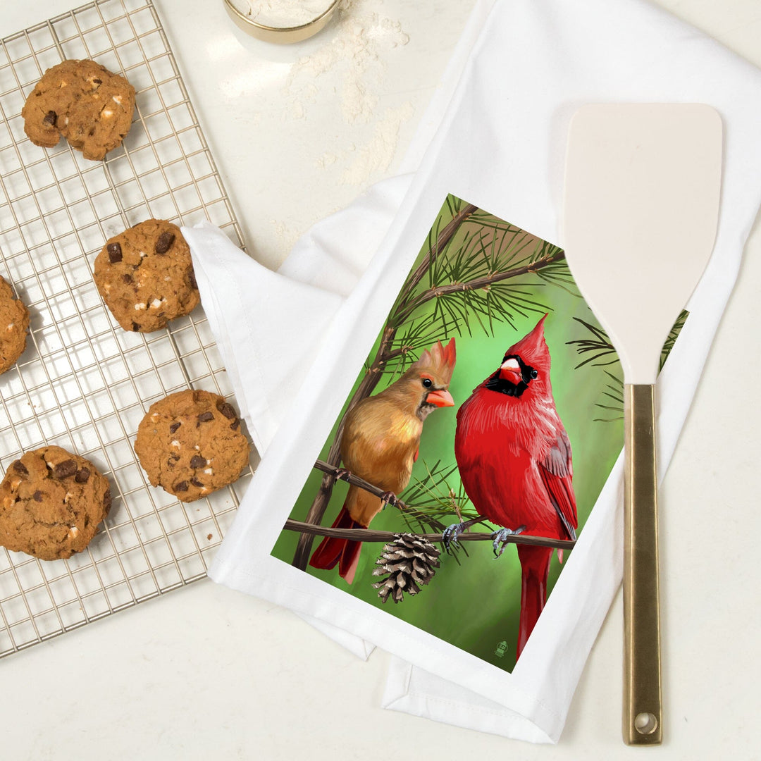 Cardinals in Summer, Organic Cotton Kitchen Tea Towels - Lantern Press