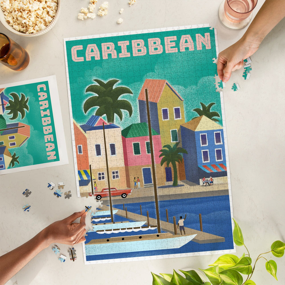 Caribbean, Waterside Dock, Lithograph, Jigsaw Puzzle Puzzle Lantern Press 