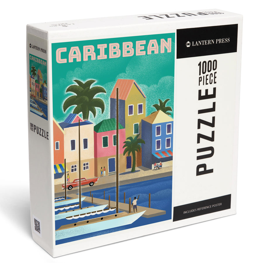 Caribbean, Waterside Dock, Lithograph, Jigsaw Puzzle Puzzle Lantern Press 