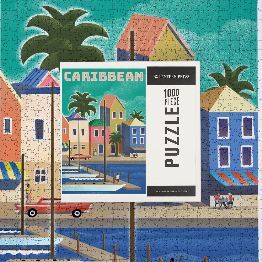 Caribbean, Waterside Dock, Lithograph, Jigsaw Puzzle Puzzle Lantern Press 