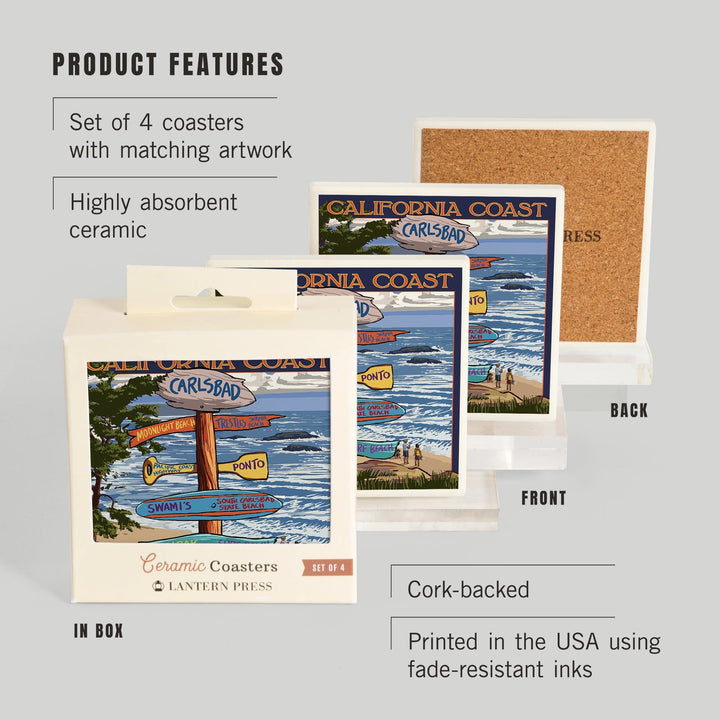 Carlsbad, California, Destinations Sign, Coasters Coasters Lantern Press 