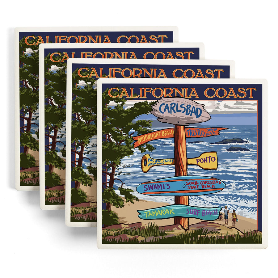 Carlsbad, California, Destinations Sign, Lantern Press Artwork, Coaster Set - Lantern Press