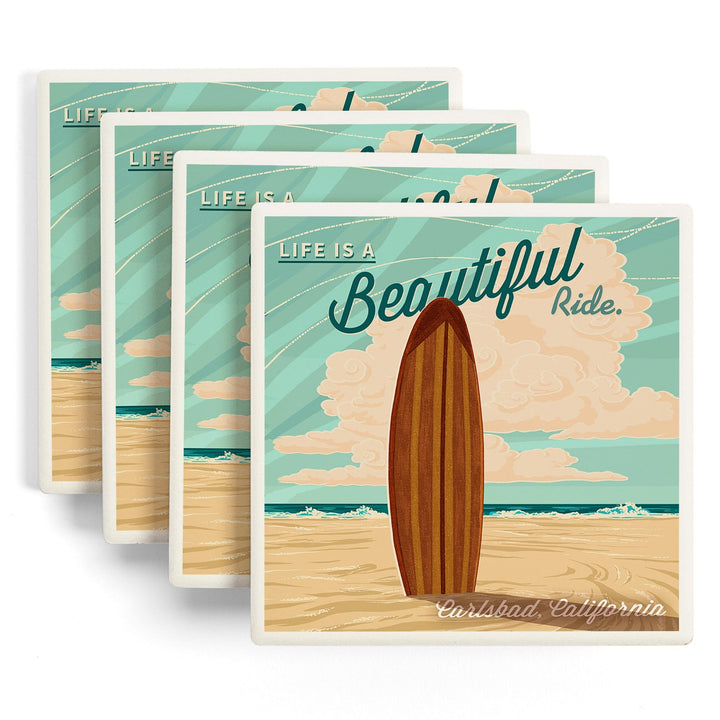 Carlsbad, California, Life is a Beautiful Ride Surfboard Letterpress, Lantern Press Artwork, Coaster Set - Lantern Press