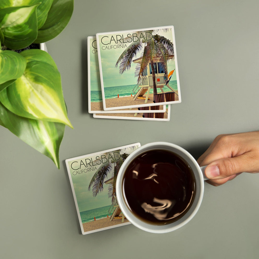 Carlsbad, California, Lifeguard Shack and Palm, Lantern Press Photography, Coaster Set - Lantern Press