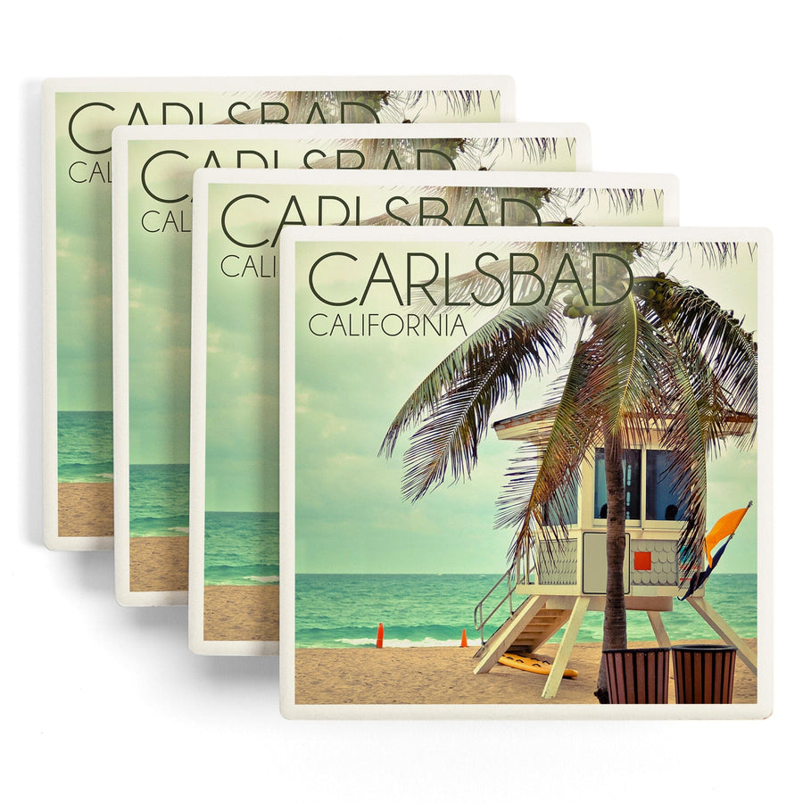 Carlsbad, California, Lifeguard Shack and Palm, Lantern Press Photography, Coaster Set - Lantern Press