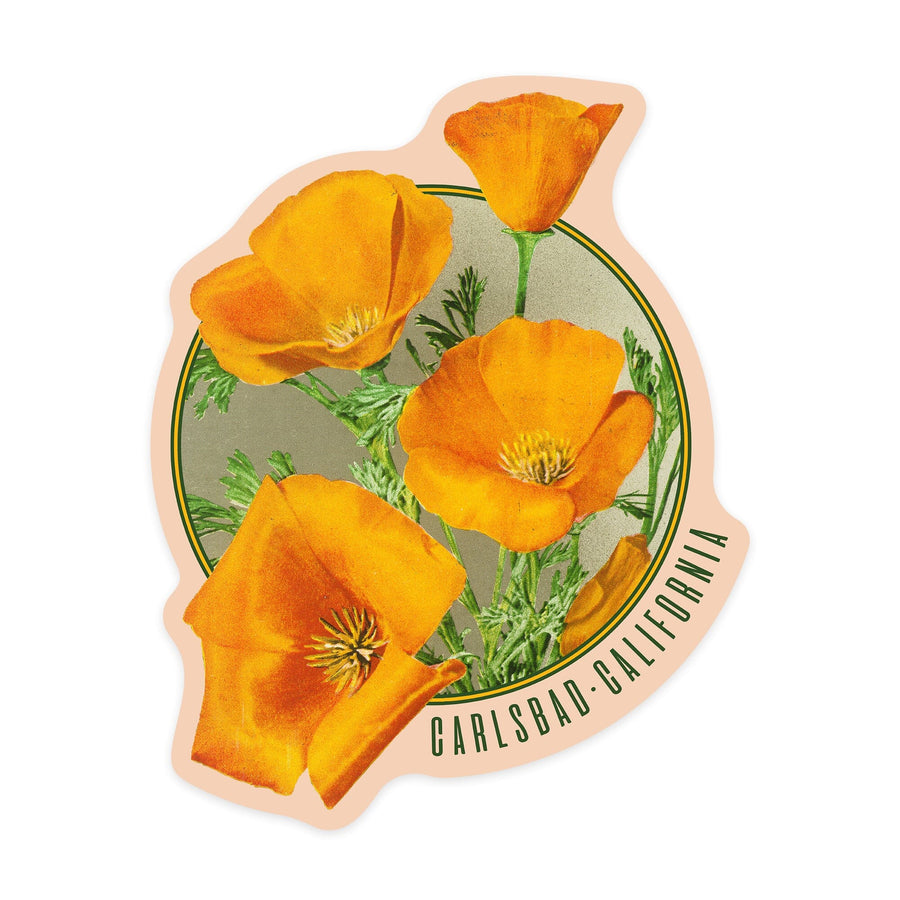Carlsbad, California, Poppy Flowers, Vintage Poster, Contour, Vinyl Sticker - Lantern Press