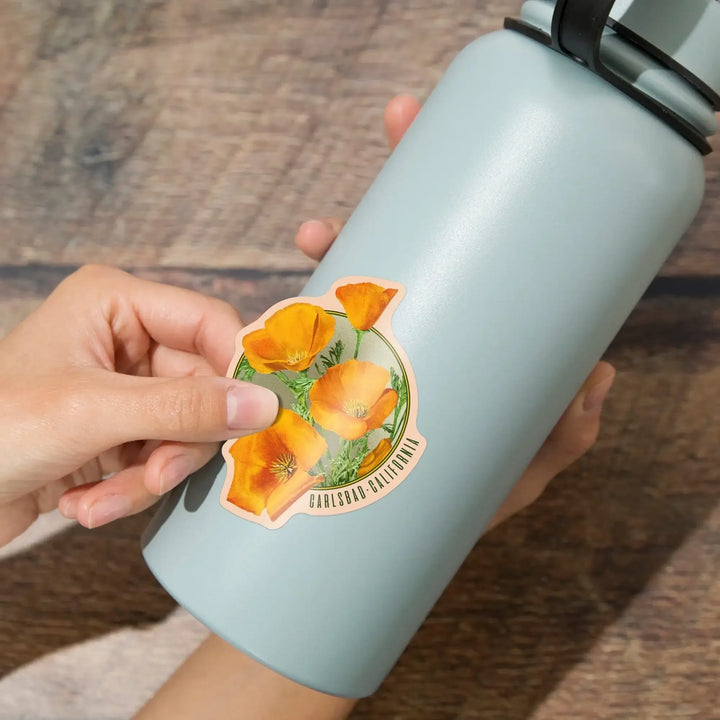 Carlsbad, California, Poppy Flowers, Vintage Poster, Contour, Vinyl Sticker - Lantern Press
