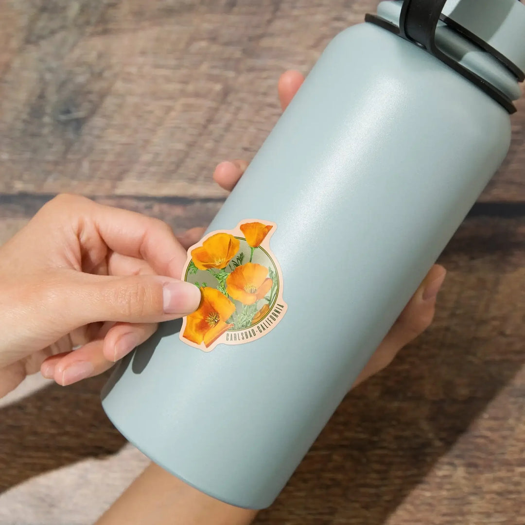 Carlsbad, California, Poppy Flowers, Vintage Poster, Contour, Vinyl Sticker - Lantern Press
