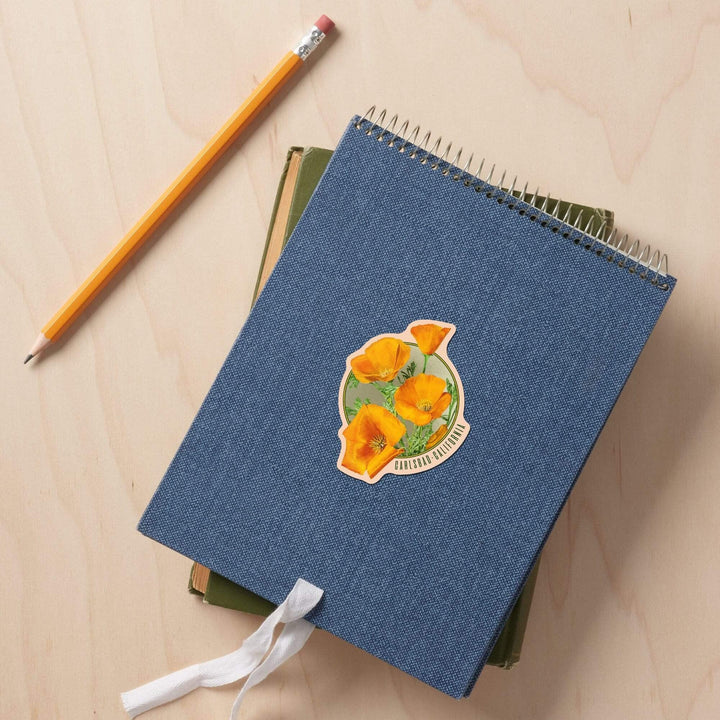 Carlsbad, California, Poppy Flowers, Vintage Poster, Contour, Vinyl Sticker - Lantern Press