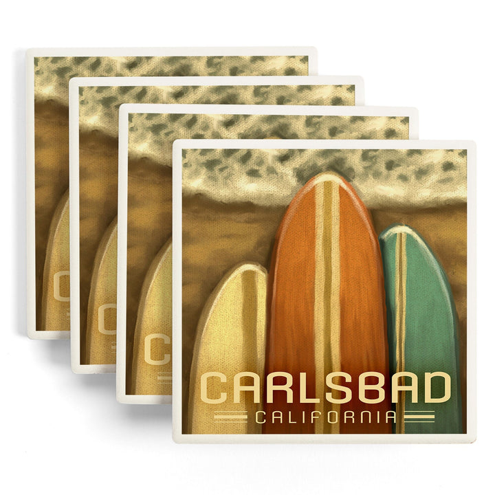 Carlsbad, California, Surfboards, Oil Painting, Lantern Press Artwork, Coaster Set - Lantern Press