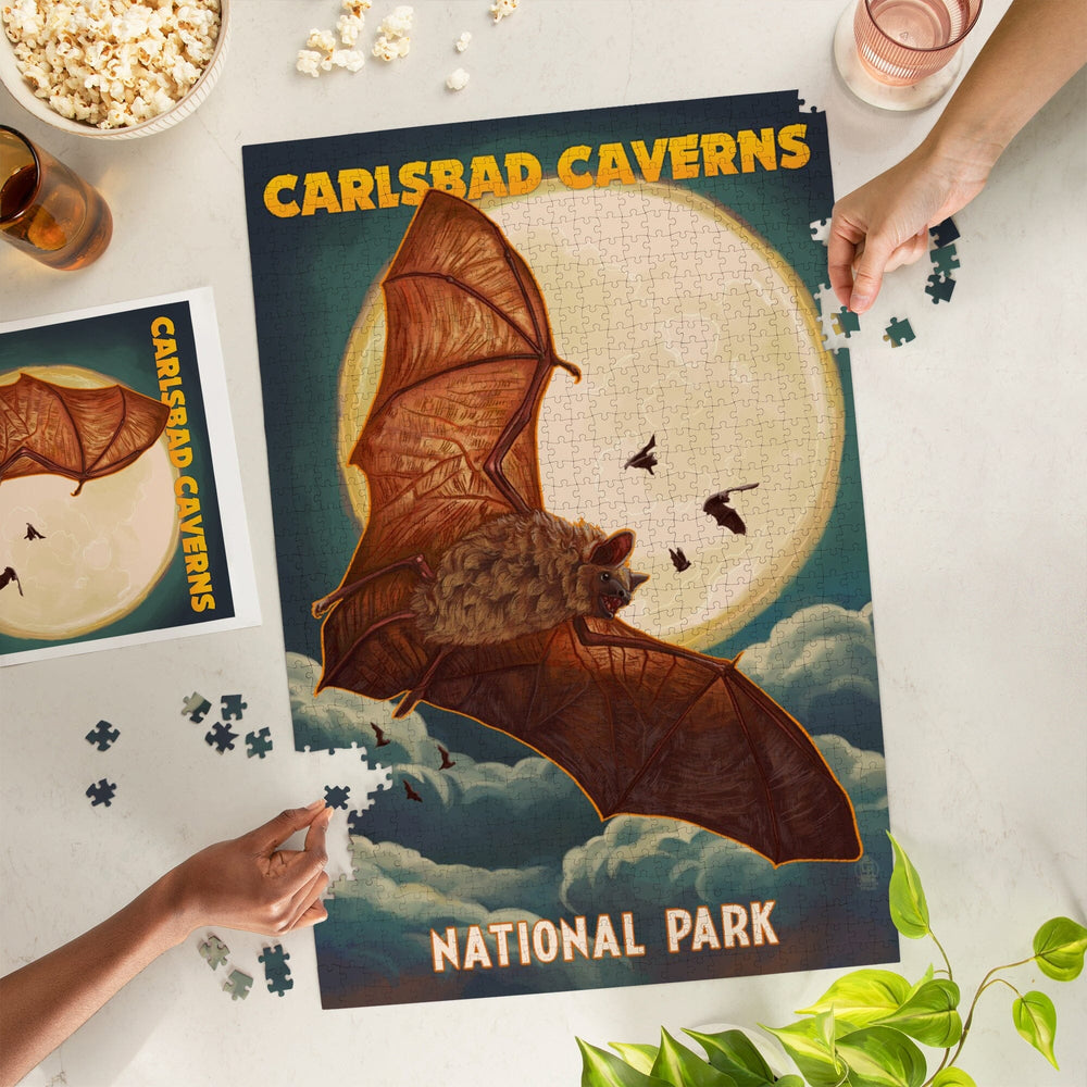 Carlsbad Caverns National Park, Bats and Full Moon, Jigsaw Puzzle Puzzle Lantern Press 