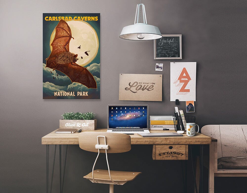 Carlsbad Caverns National Park, Bats and Full Moon, Stretched Canvas Canvas Lantern Press 