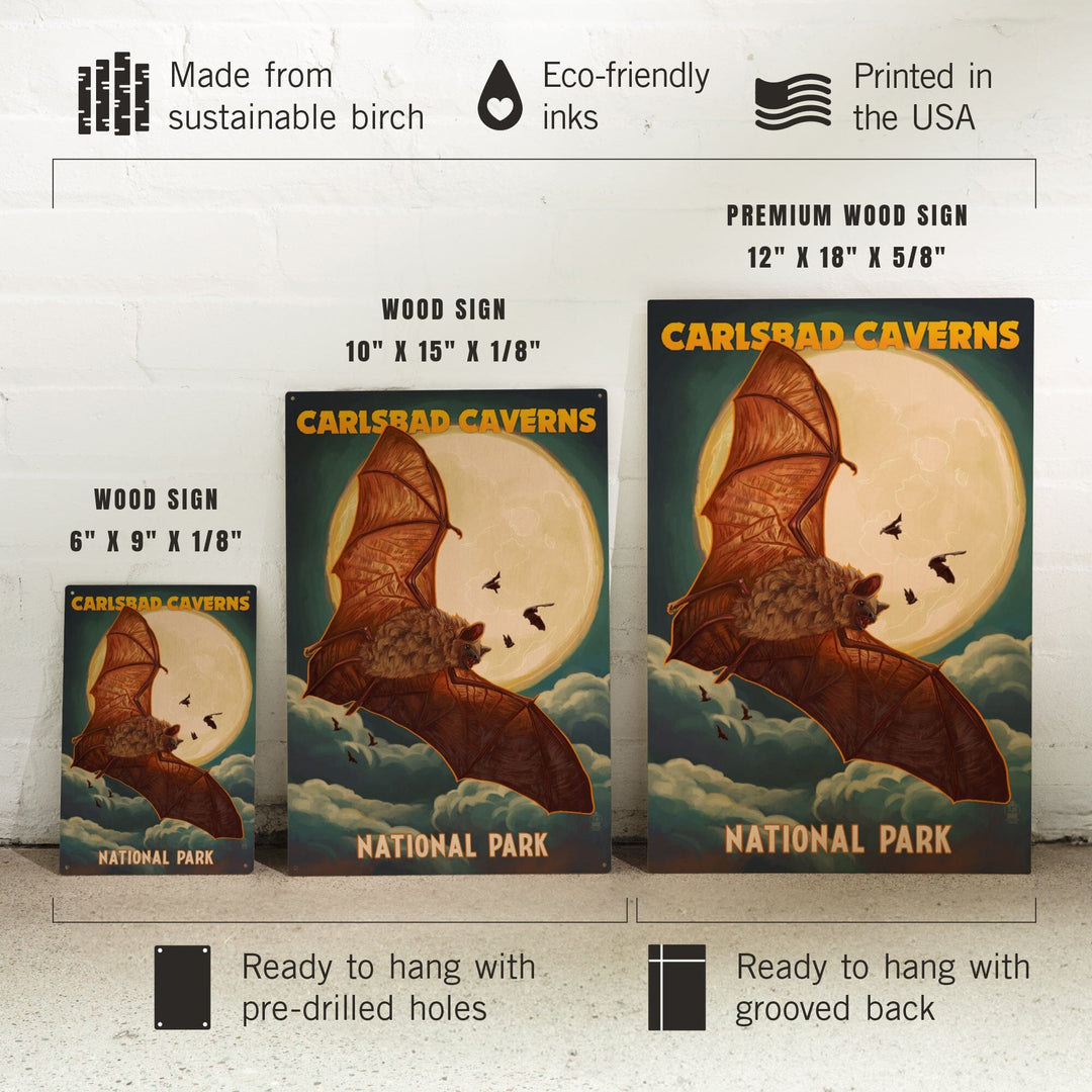 Carlsbad Caverns National Park, Bats and Full Moon, Wood Signs and Postcards Wood Lantern Press 