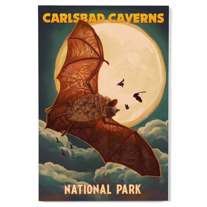 Carlsbad Caverns National Park, Bats and Full Moon, Wood Signs and Postcards Wood Lantern Press 