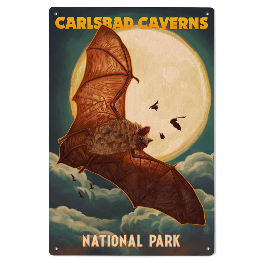 Carlsbad Caverns National Park, Bats and Full Moon, Wood Signs and Postcards Wood Lantern Press 