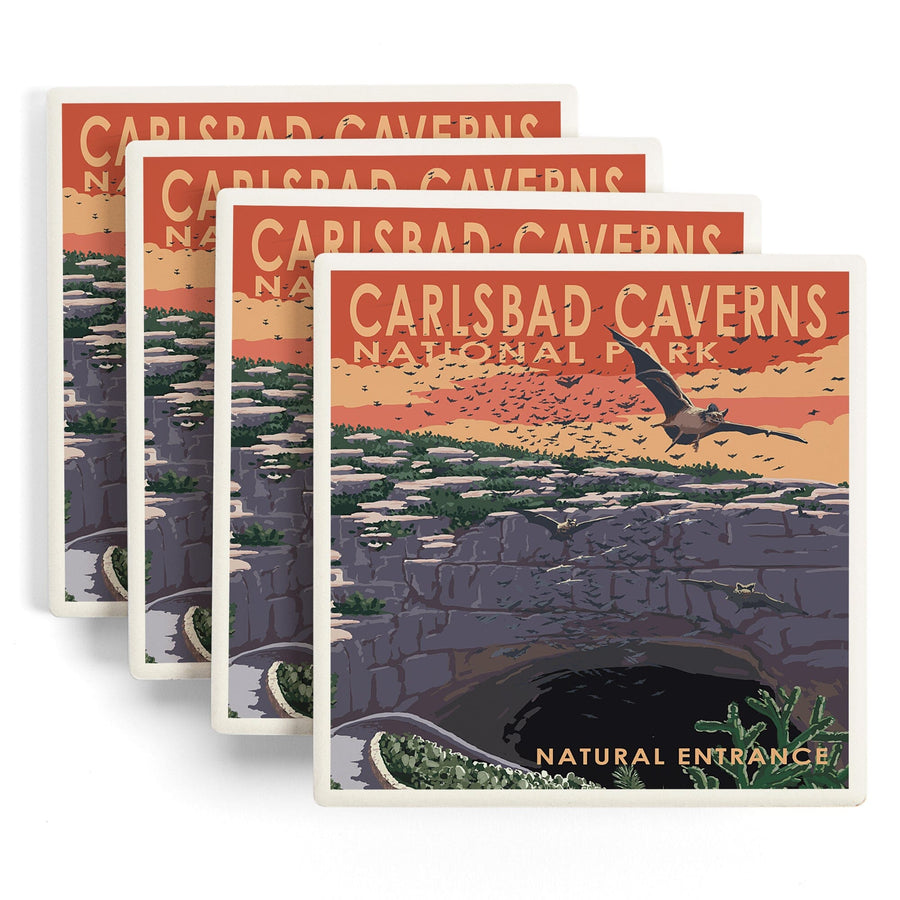 Carlsbad Caverns National Park, New Mexico, Natural Entrance, Painterly Series, Lantern Press Artwork, Coaster Set - Lantern Press