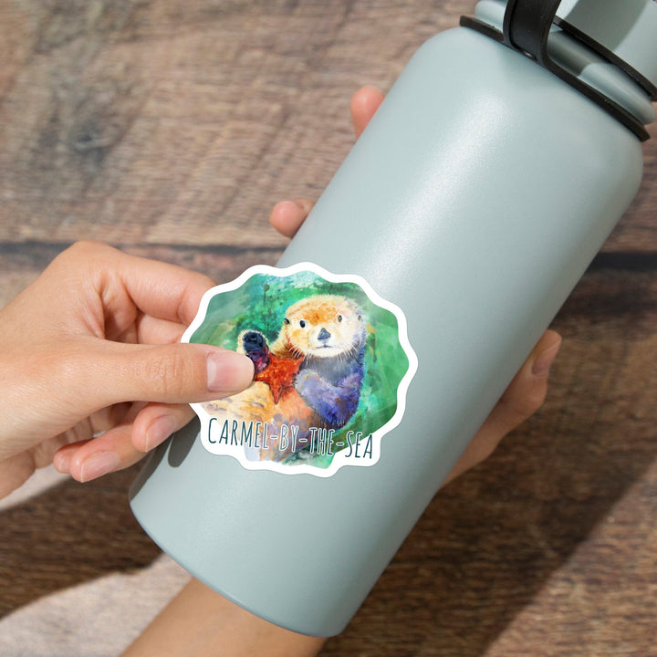 Carmel-by-the-Sea, California, Sea Otter, Watercolor, Contour, Vinyl Sticker - Lantern Press