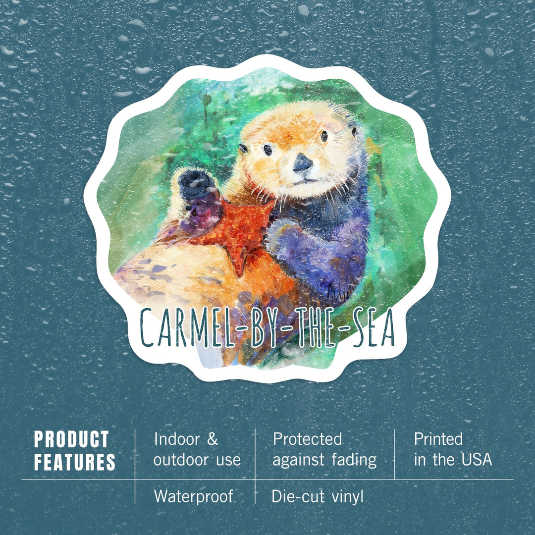 Carmel-by-the-Sea, California, Sea Otter, Watercolor, Contour, Vinyl Sticker - Lantern Press